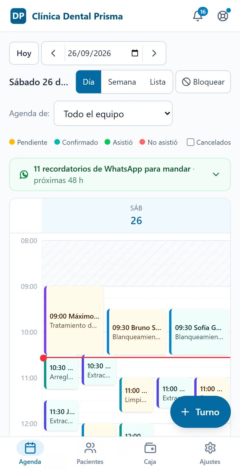Agenda de una clínica odontológica con los turnos de tres profesionales en colores distintos