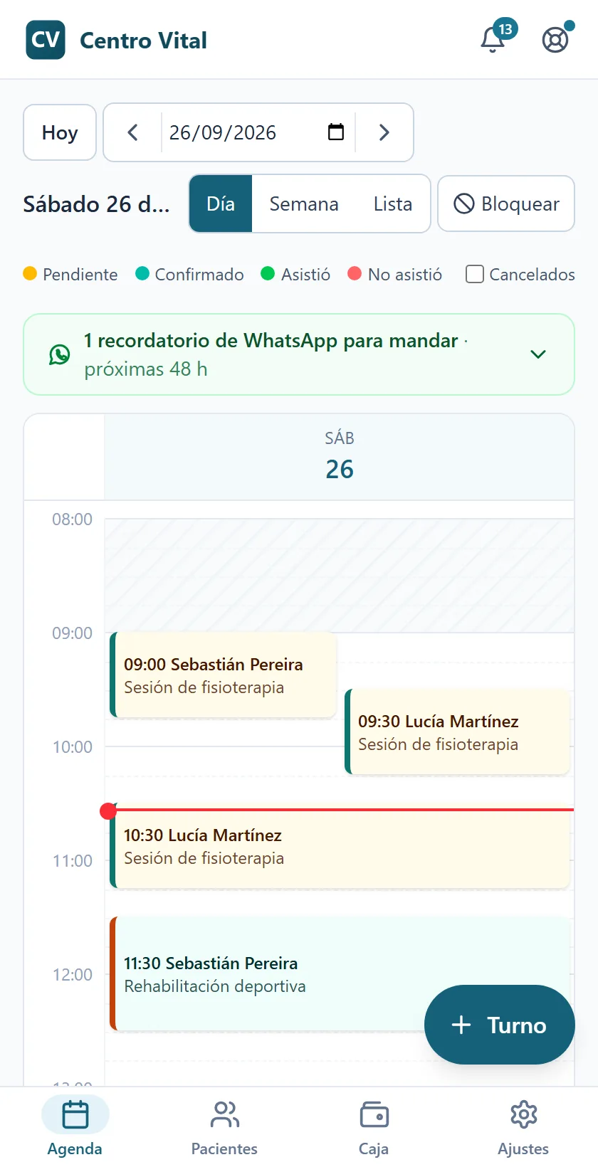 Agenda de un centro de fisioterapia con los turnos de la semana