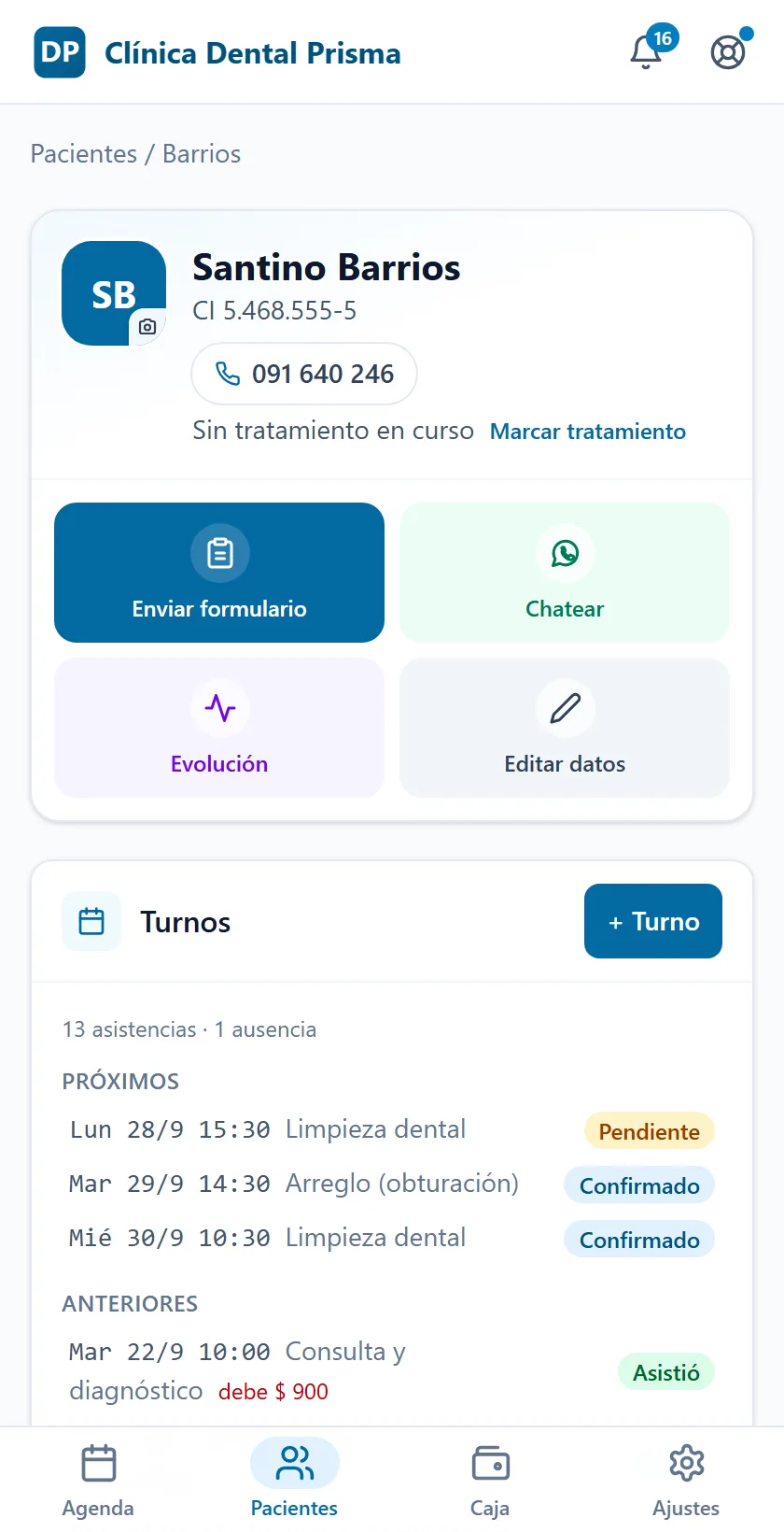 Ficha de un paciente con su historia clínica foliada y el puntaje de una escala respondida