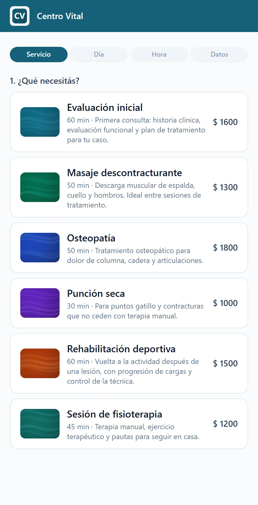 Paciente eligiendo un servicio desde el celular para reservar un turno
