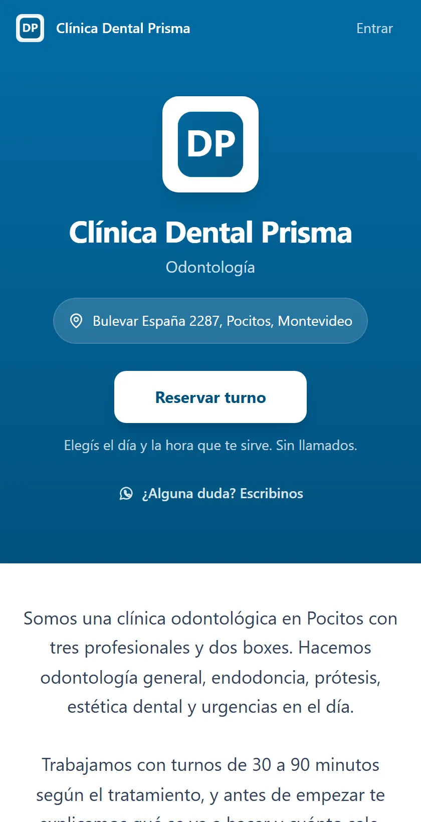 Página pública de una clínica odontológica, con su logo, dirección y botón para reservar